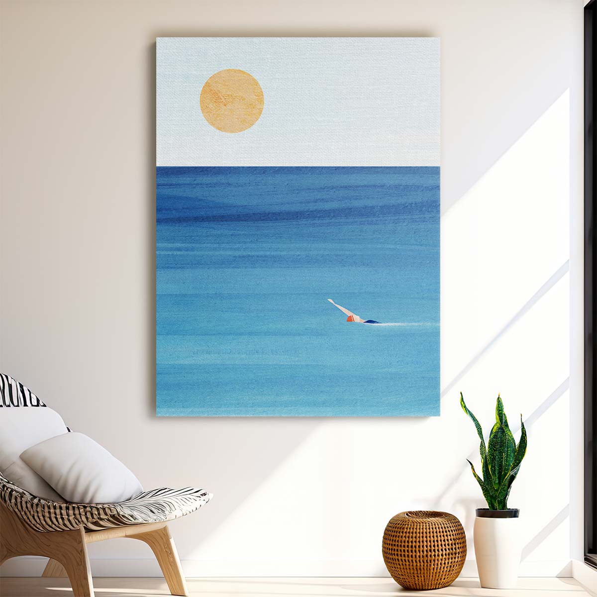 Tranquil Seascape Swimmer Illustration Art by Longwayhome by Luxuriance Designs, made in USA