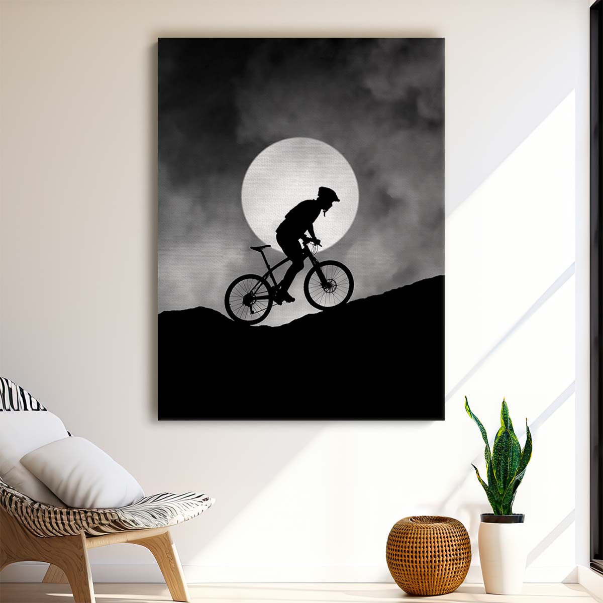 Silhouetted Man on Moonlit Mountain Bike, Surreal Sports Photography by Luxuriance Designs, made in USA