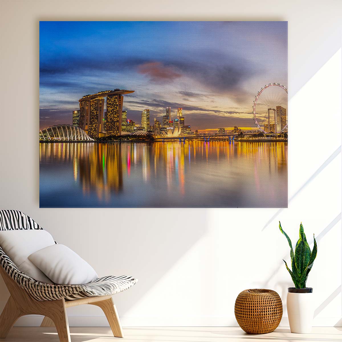 Golden Glow Singapore Skyline Sunset Panorama Wall Art by Luxuriance Designs. Made in USA.
