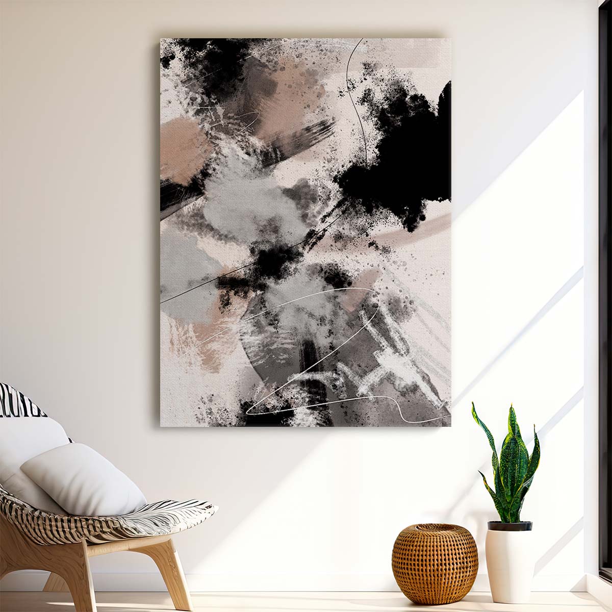 Abstract Geometric Splash Storm Illustration Painting in Beige by Luxuriance Designs, made in USA