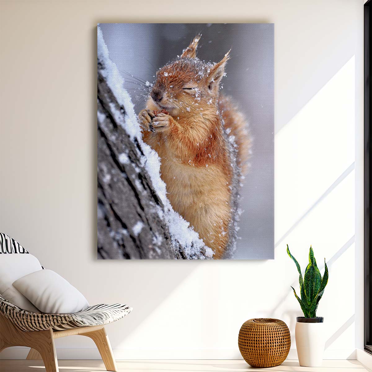 Winter Wildlife Photography Cute Squirrel Eating Acorn in Snowy Nature by Luxuriance Designs, made in USA