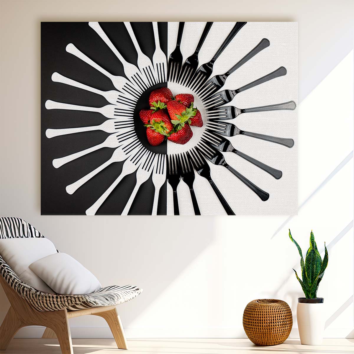 Yin Yang Strawberry Forks Abstract Kitchen Wall Art by Luxuriance Designs. Made in USA.