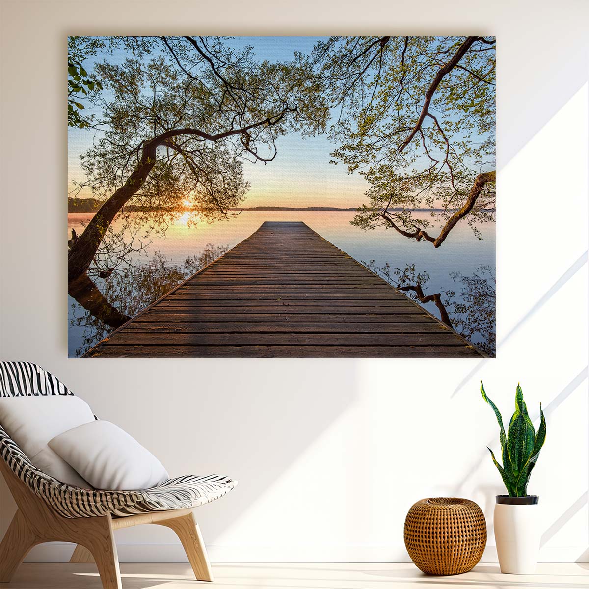 Serene Sunrise Lake Dock Zen Landscape Photography Wall Art