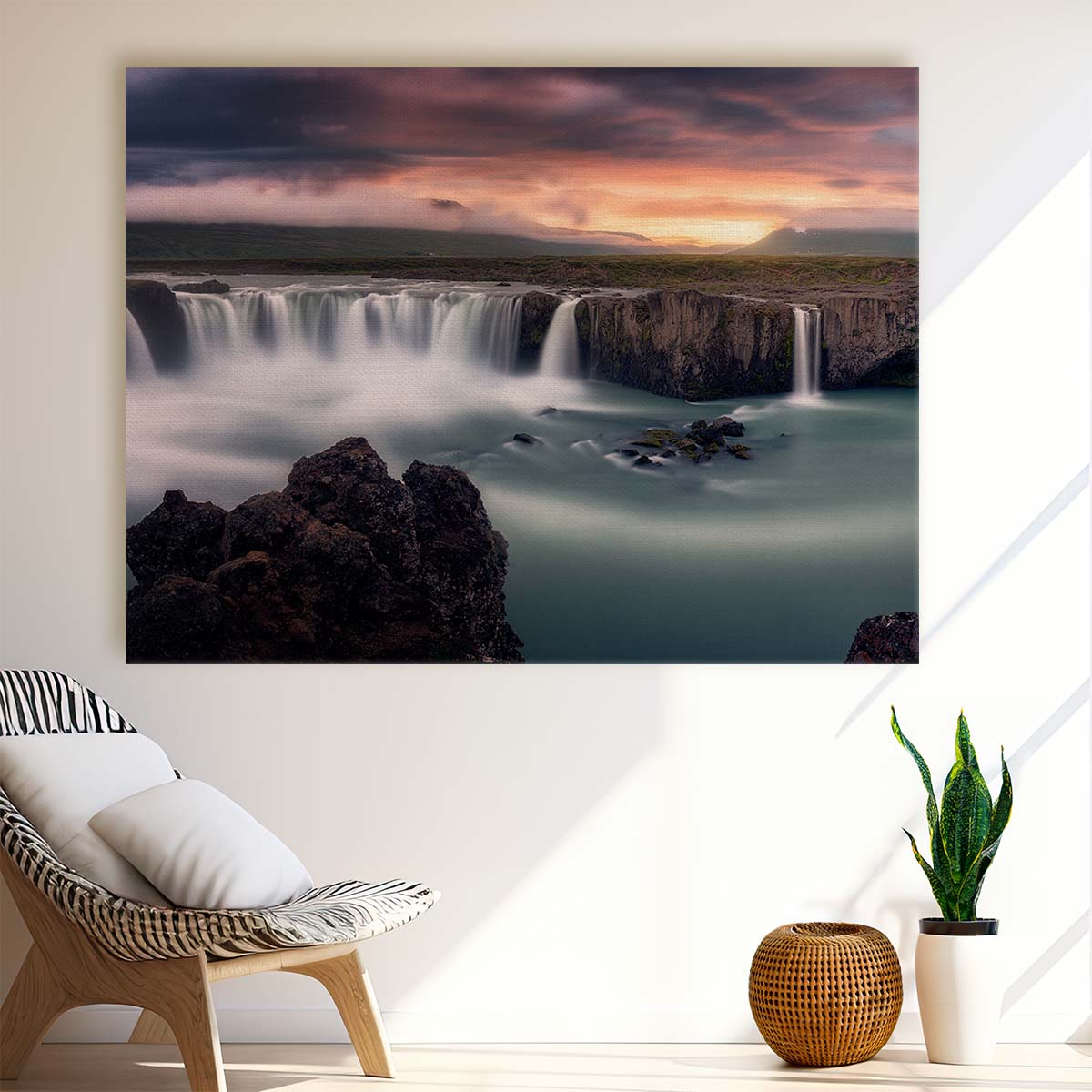 Icelandic Godafoss Waterfall Sunset Panorama - Majestic Landscape Photography Wall Art