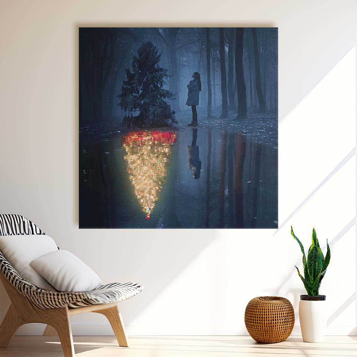 Enchanted Winter Wonderland Snowy Forest Dream Reflection Photography Wall Art by Luxuriance Designs. Made in USA.