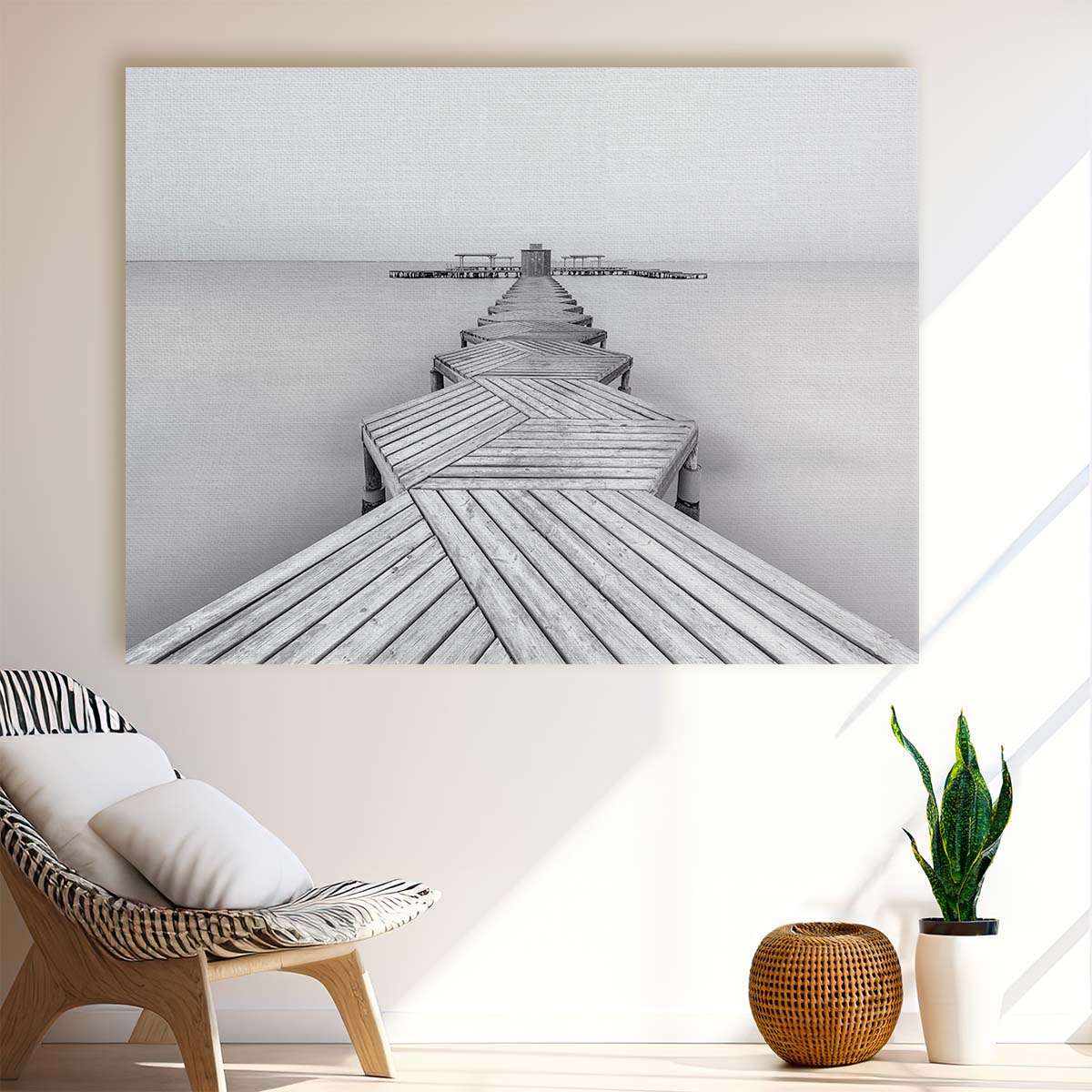 Serene Long Exposure Black and White Pier Photography Wall Art