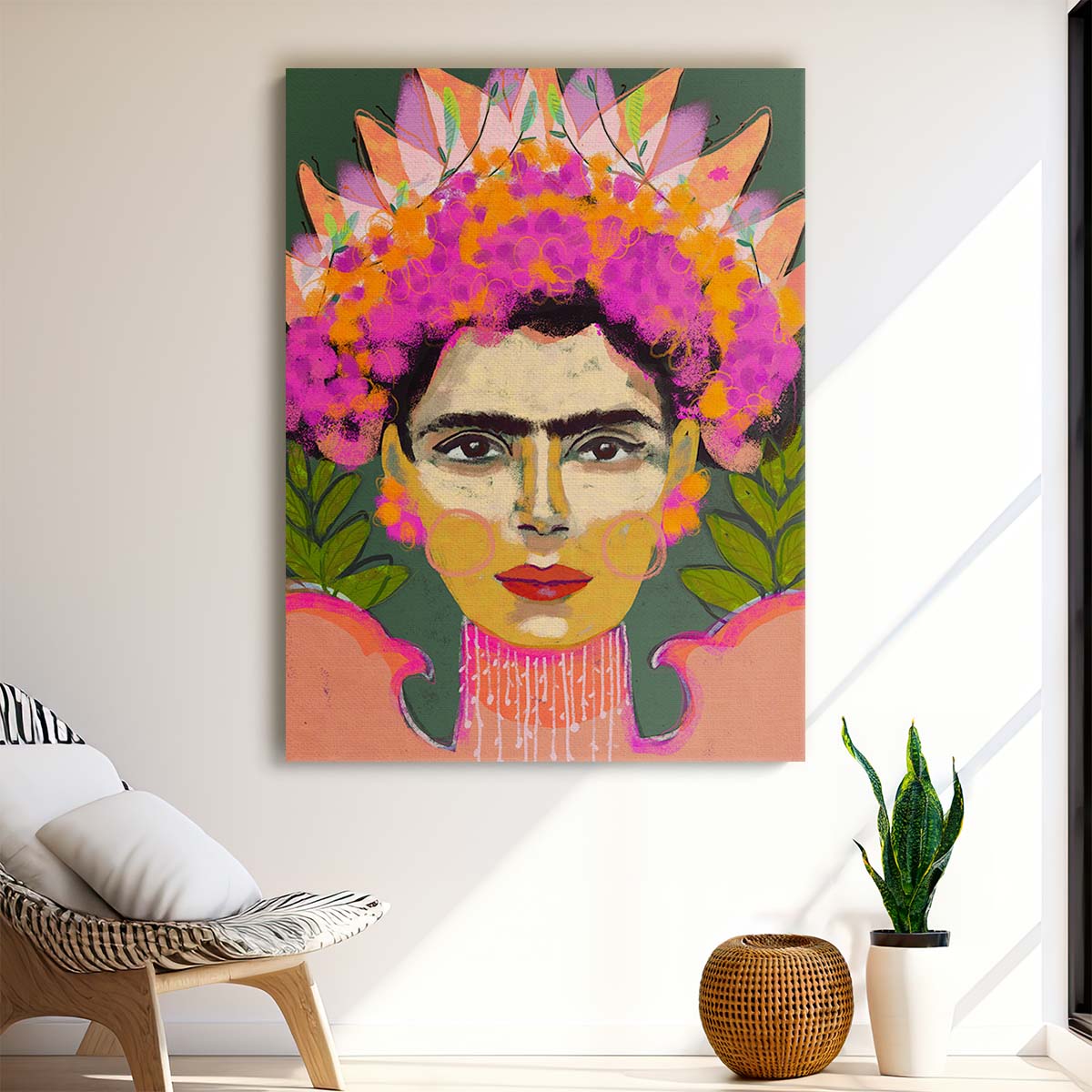 Frida Kahlo Colorful Portrait Illustration with Floral Wreath by Treechild by Luxuriance Designs, made in USA