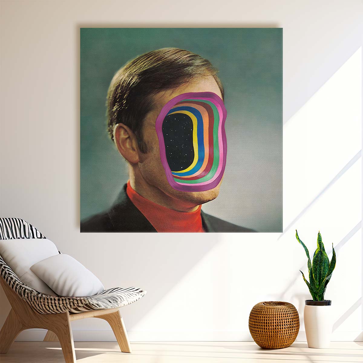 Retro Optical Illusion Illustration of a Colorful Universe Man Wall Art by Luxuriance Designs. Made in USA.