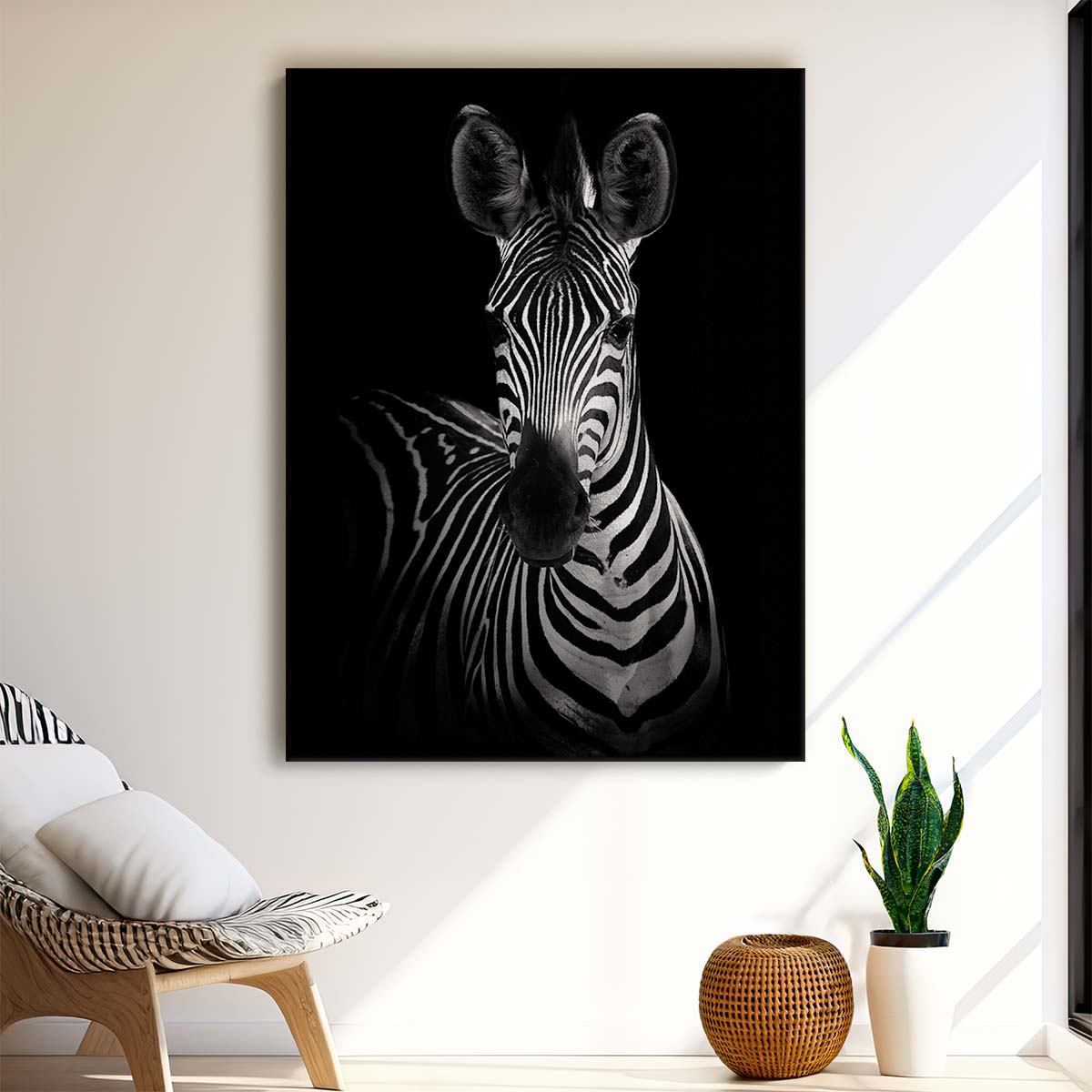 Monochrome Zebra Portrait - African Wildlife Photography Artwork by Luxuriance Designs, made in USA