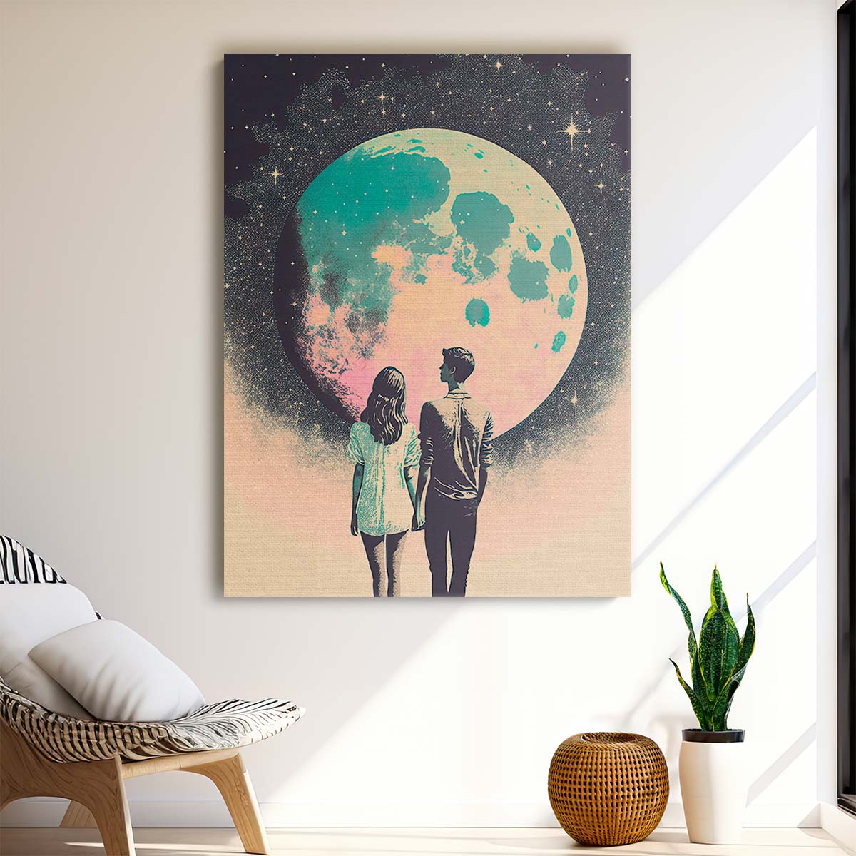 Pastel Moonlit Love Illustration Starry Night Couple Wall Art by Luxuriance Designs, made in USA