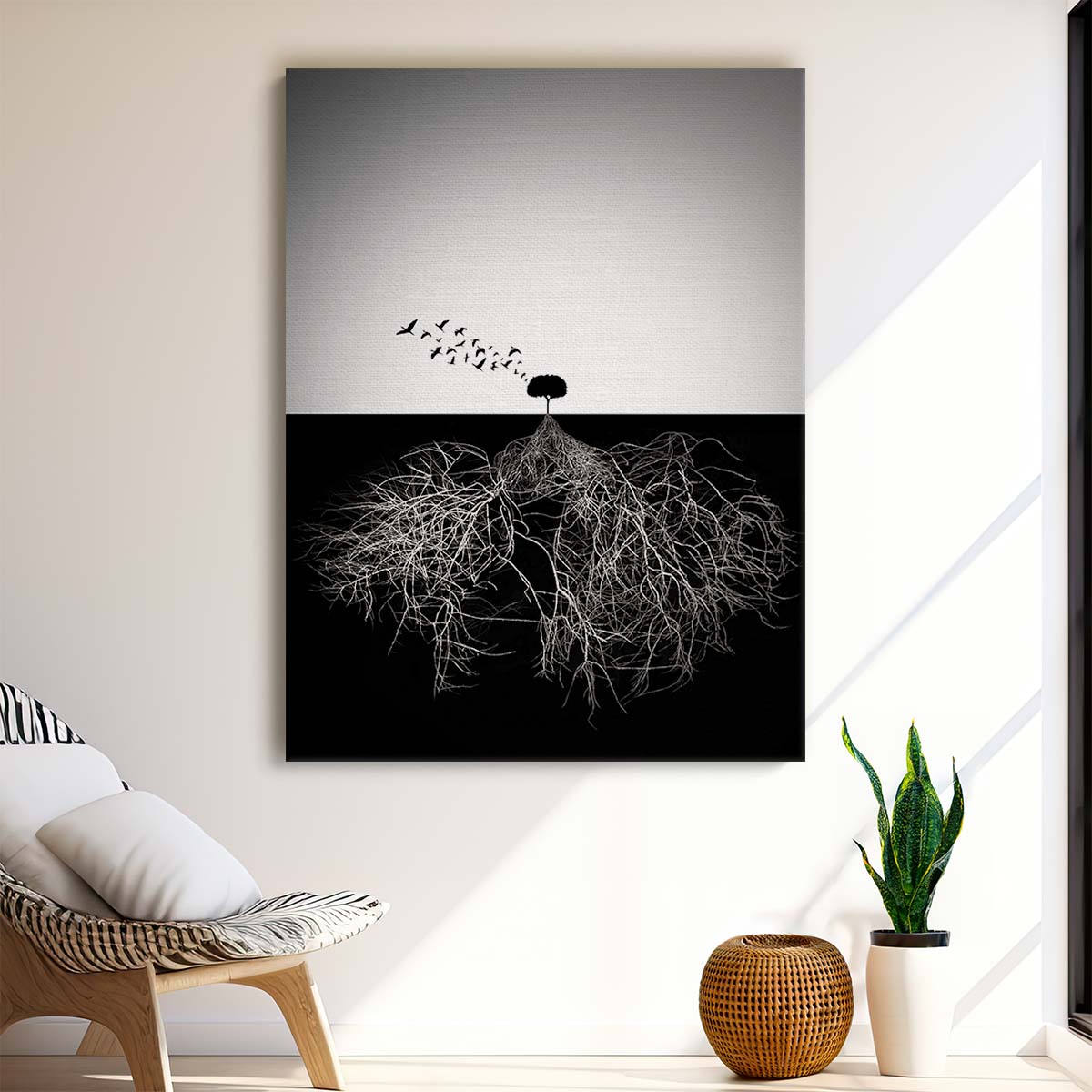 Surrealist Black & White Tree Roots Birds Photo Montage Artwork by Luxuriance Designs, made in USA