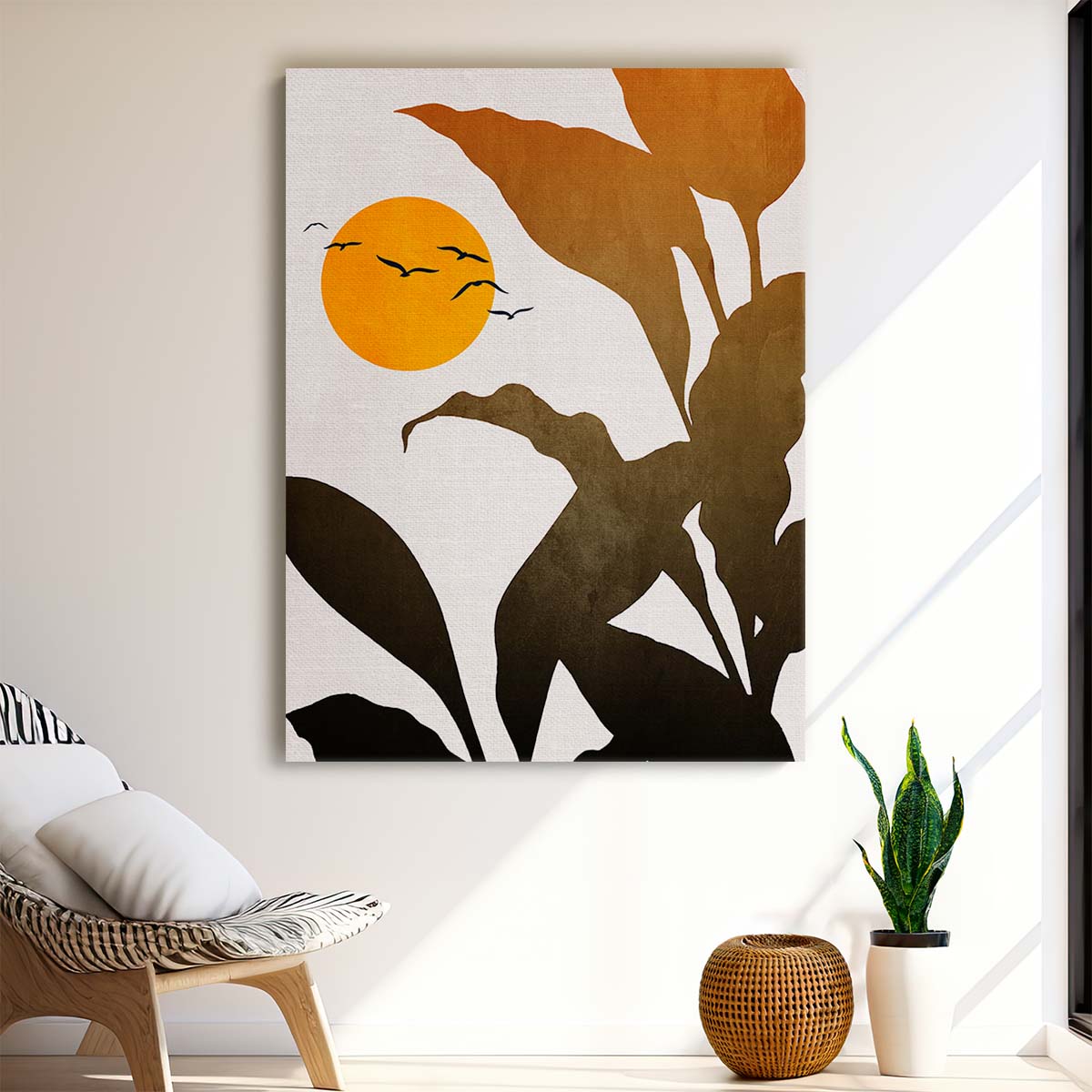 Golden Sunset Tropical Birds & Leaves Botanical Illustration Art by Luxuriance Designs, made in USA