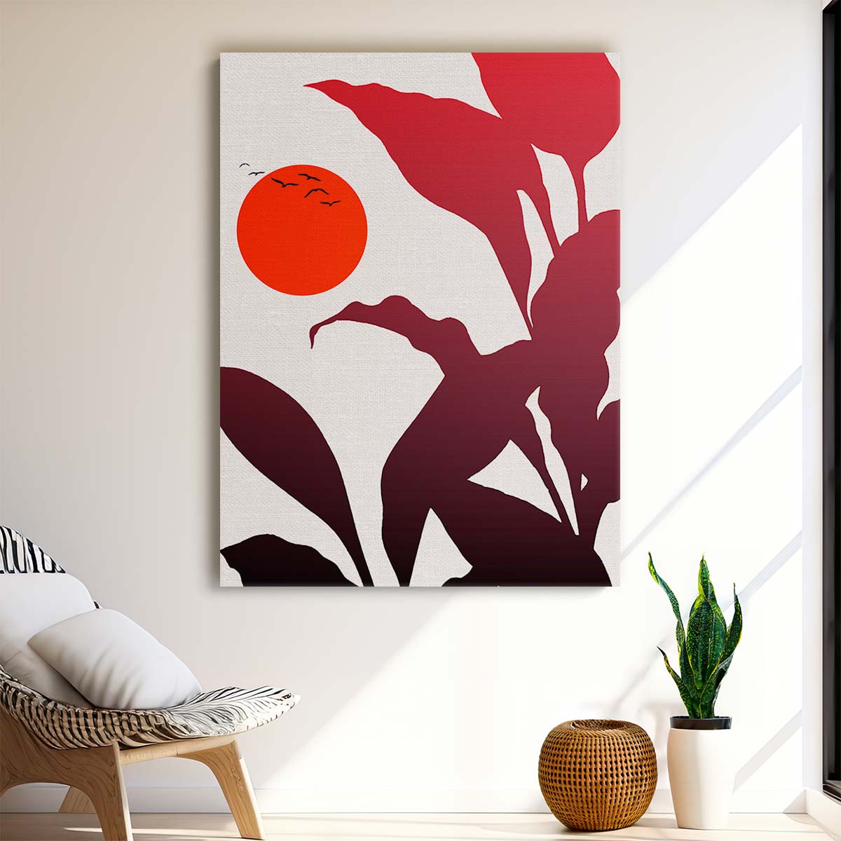 Exotic Tropical Sunset Illustration with Birds and Botanical Elements by Luxuriance Designs, made in USA