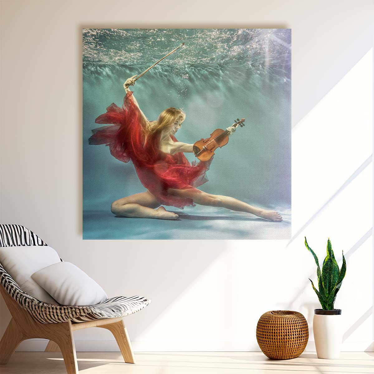 Enchanting Underwater Violinist Performance Romantic Art Photography Wall Art by Luxuriance Designs. Made in USA.