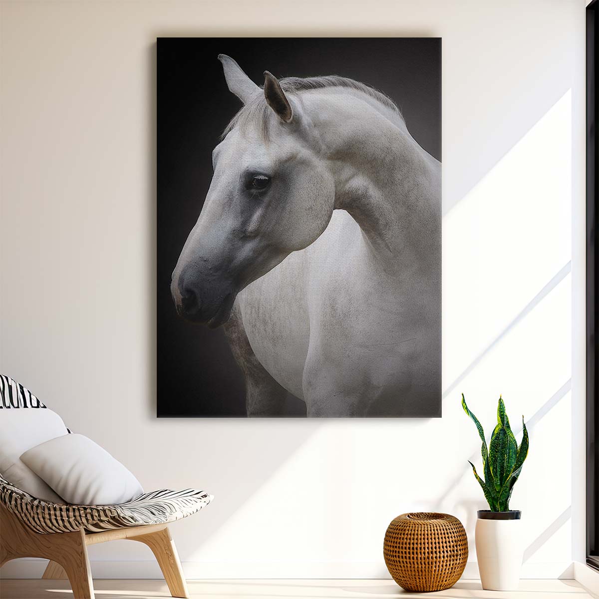 Minimalist White Horse Photography Art - Graceful Equestrian Animal Portrait by Luxuriance Designs, made in USA