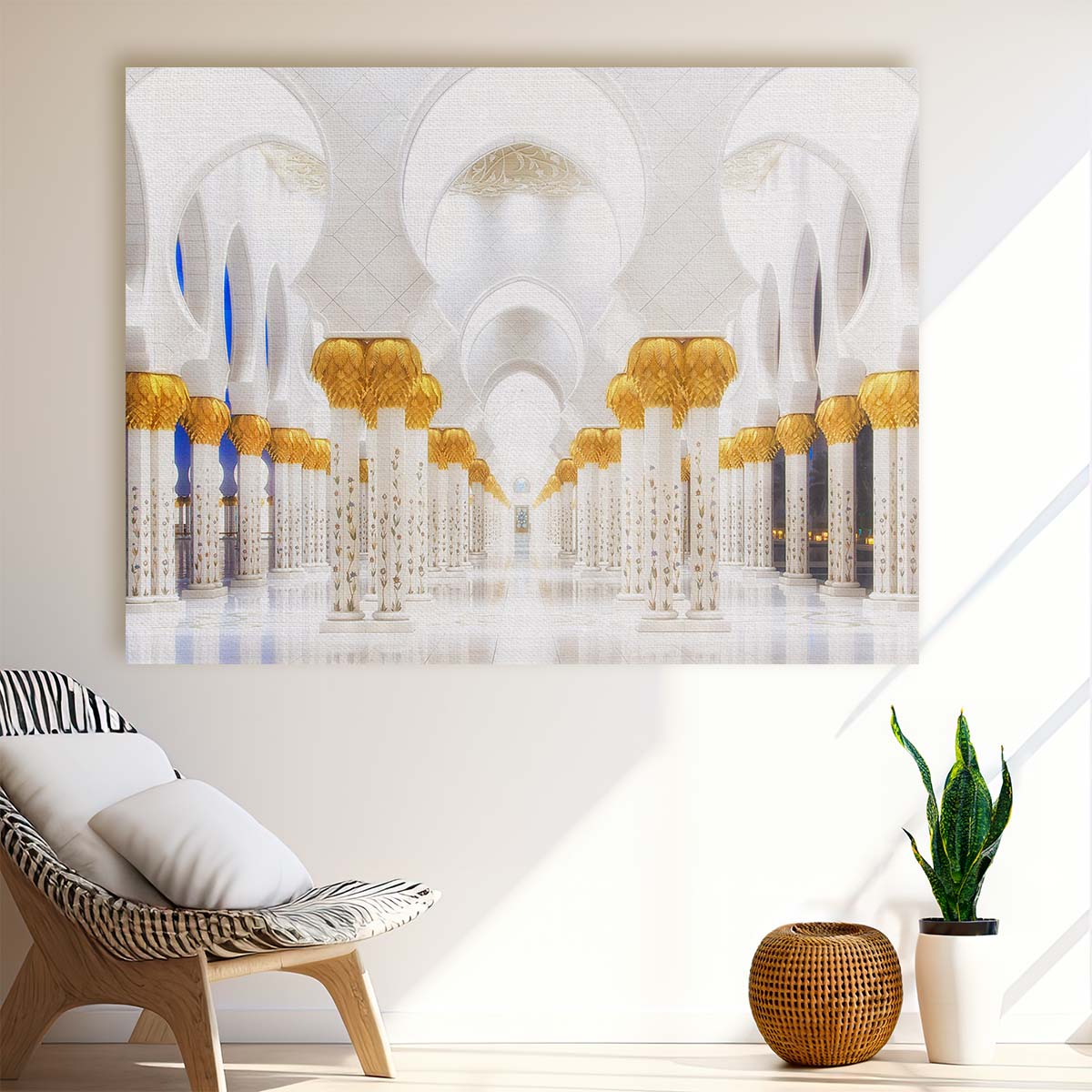 Majestic Sheikh Zayed Mosque Gold & White Wall Art by Luxuriance Designs. Made in USA.