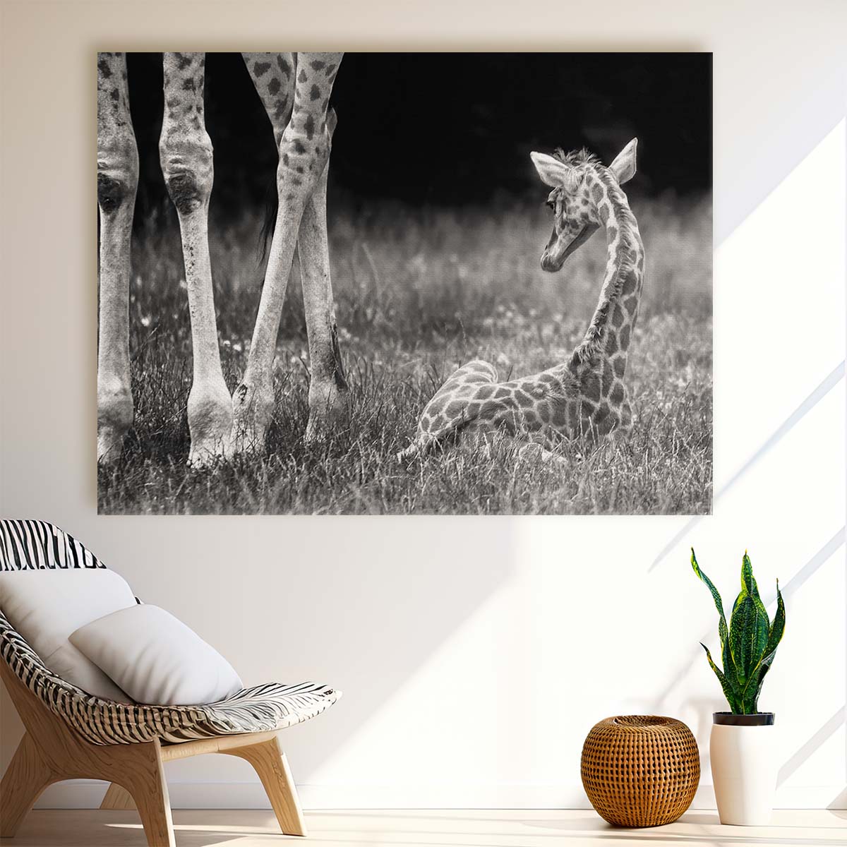 Charming Baby Giraffe Monochrome Nature Wall Art
