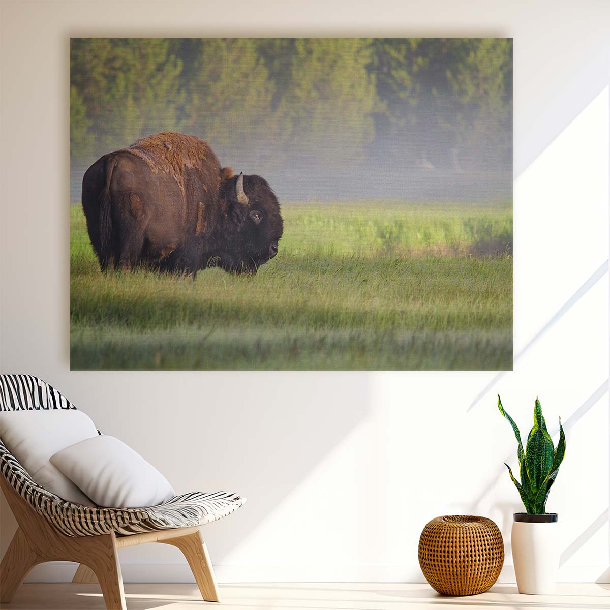 Misty Dawn Bison Sunrise Yellowstone Wall Art by Luxuriance Designs. Made in USA.