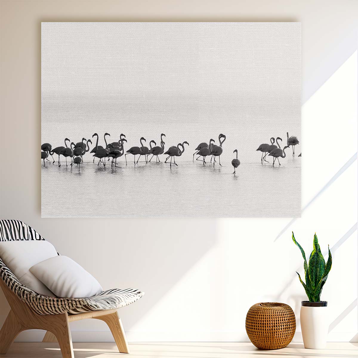 Monochrome Flamingo Flock Coastal Landscape Wall Art by Luxuriance Designs. Made in USA.