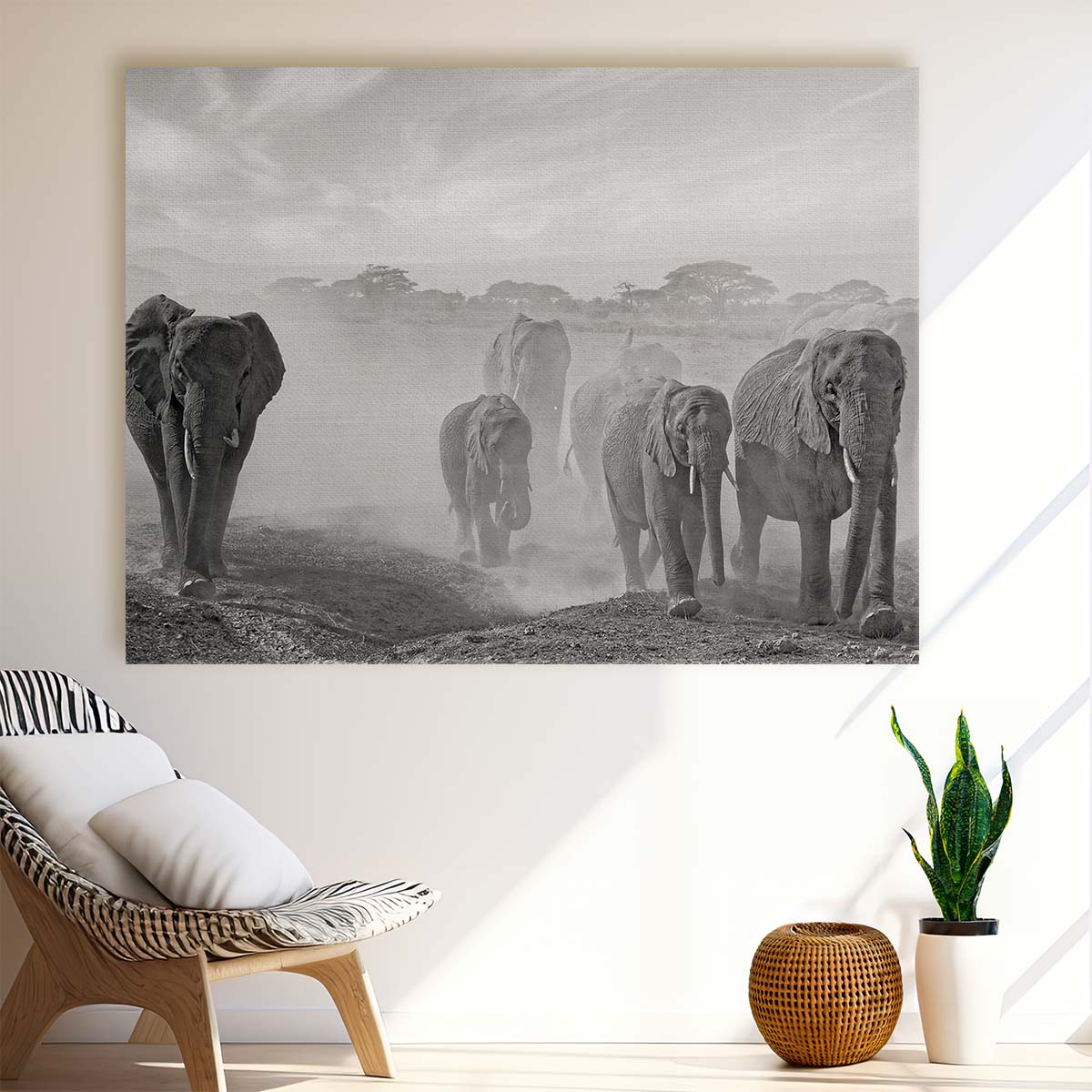 Elephant Herd in Amboseli Kenya Monochrome Wall Art by Luxuriance Designs. Made in USA.