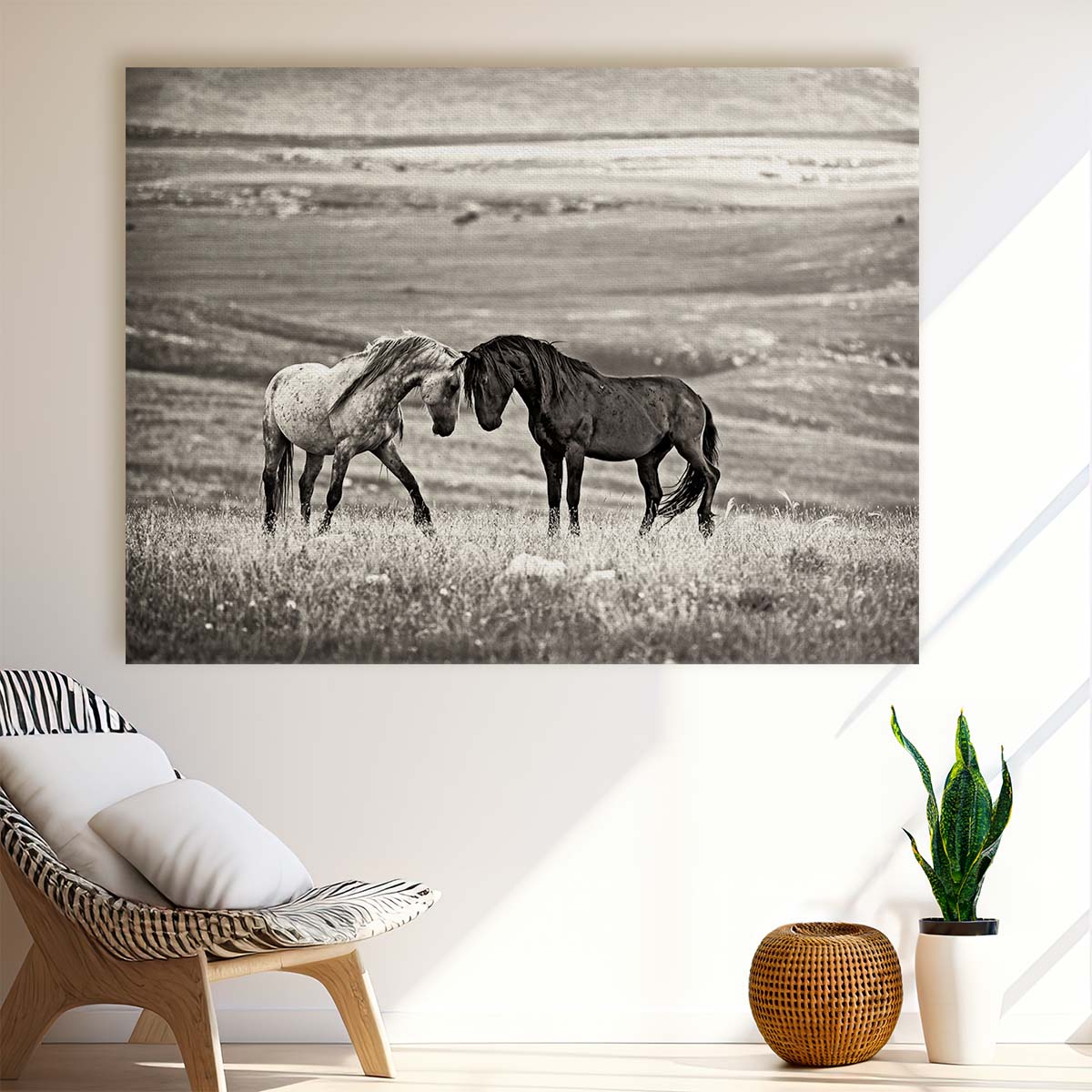 Romantic Horses Embrace in Sepia Landscape Wall Art by Luxuriance Designs. Made in USA.