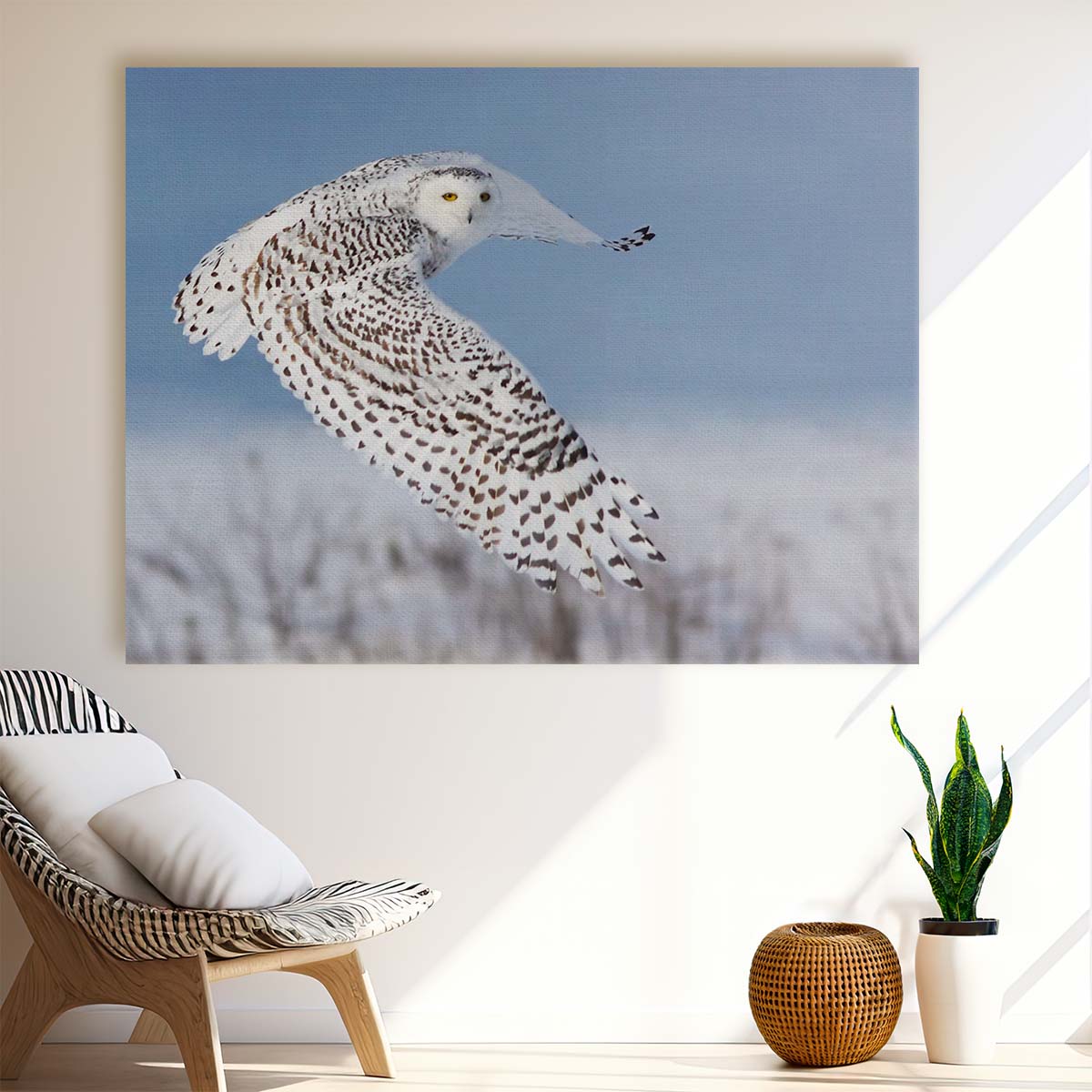 Frozen Winter Owl Flight Snowy Wildlife Wall Art by Luxuriance Designs. Made in USA.