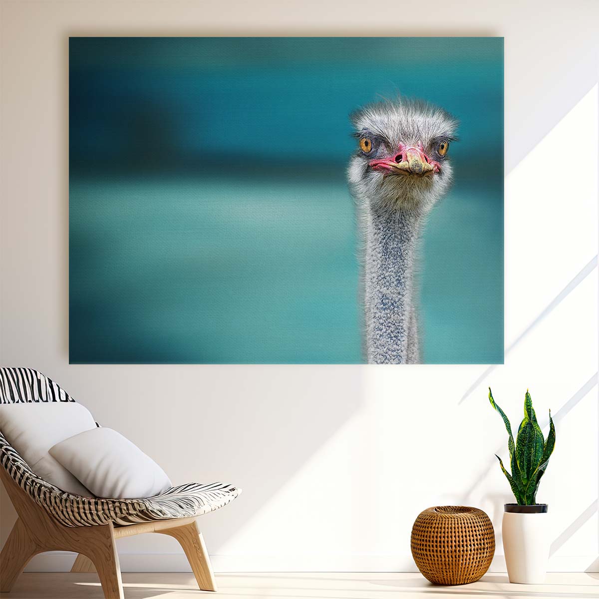 Belgian Ostrich Humor Turquoise Bokeh Bird Wall Art by Luxuriance Designs. Made in USA.