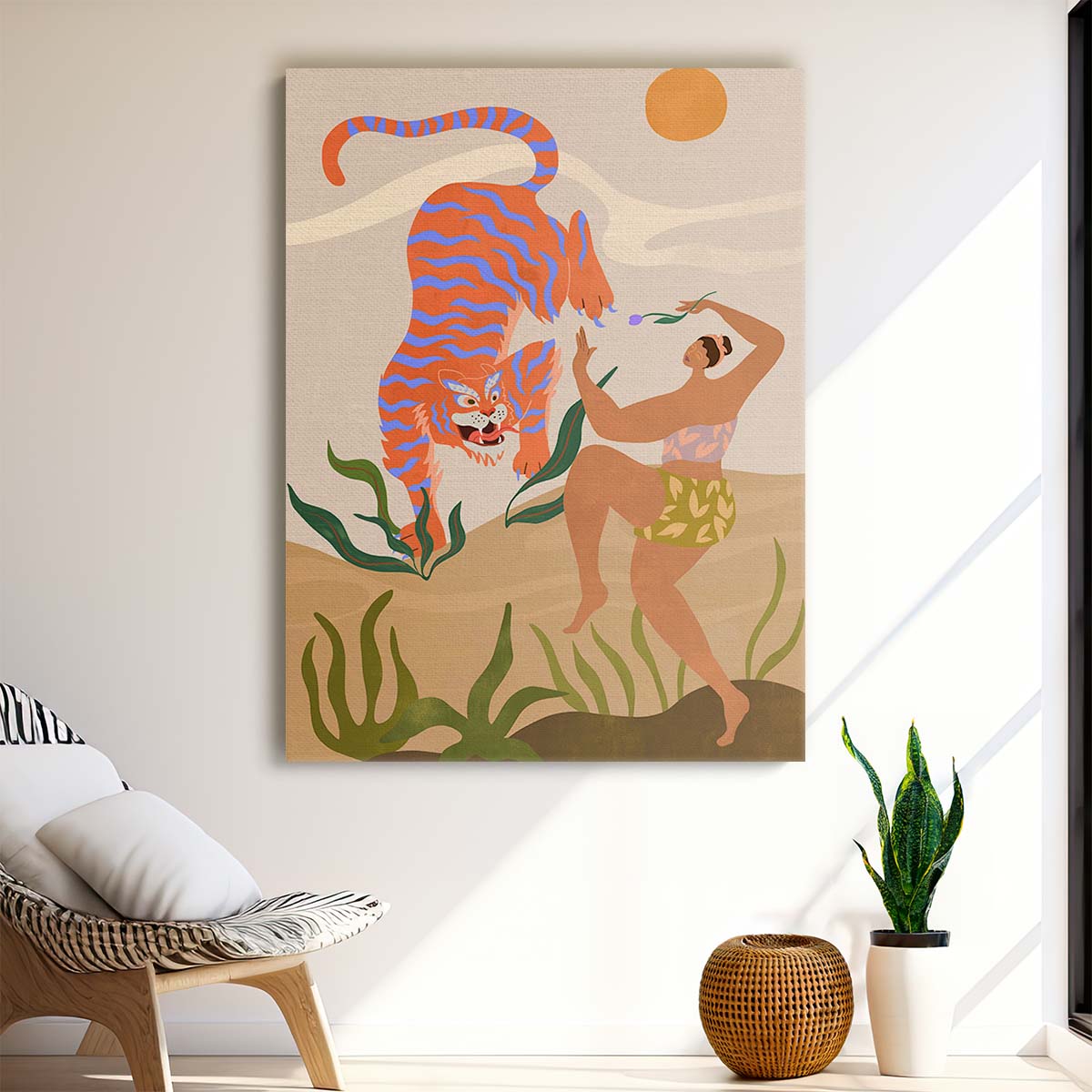 Colorful Dancing Woman with Tiger Illustration, Botanical Boho Art by Luxuriance Designs, made in USA