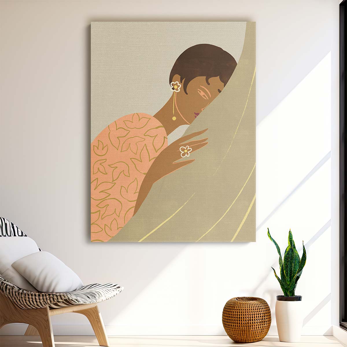 Relaxing Boho Woman Illustration with Pastel Floral Pattern Wall Art by Luxuriance Designs, made in USA