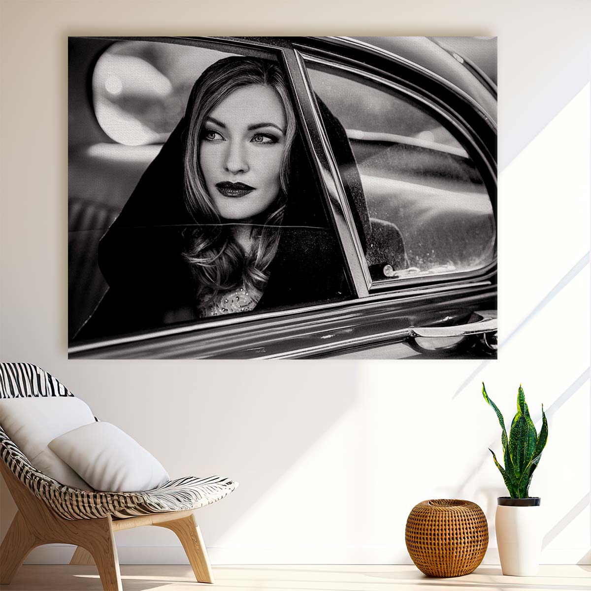 Vintage Woman in Classic Car Monochrome Portrait Photography Wall Art