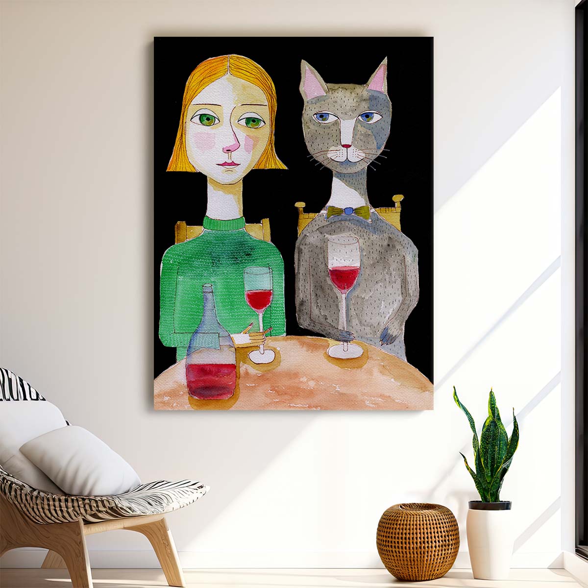 Sharyn Bursic's Illustration of Woman and Cat Enjoying Wine in Bar by Luxuriance Designs, made in USA