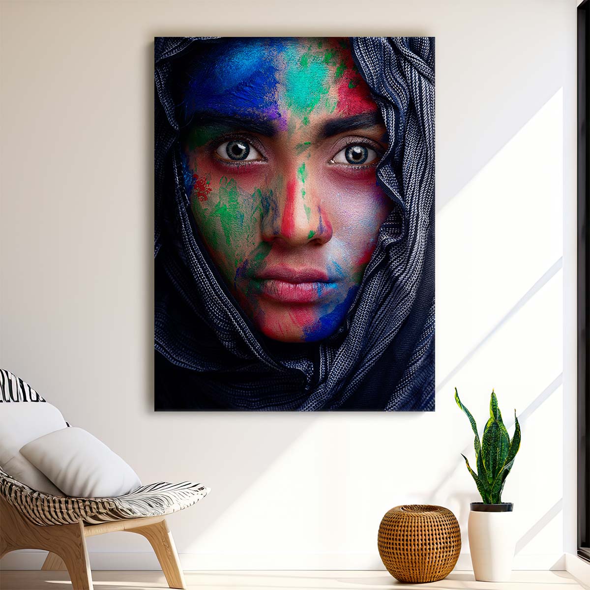 Colorful Painted Woman Portrait Intense Face & Veiled Expression Photography by Luxuriance Designs, made in USA