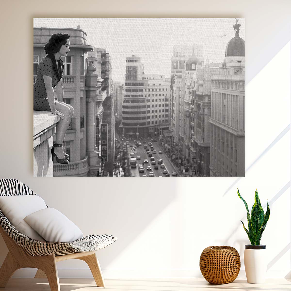 Vintage Madrid Rooftop View Woman in Monochrome Wall Art