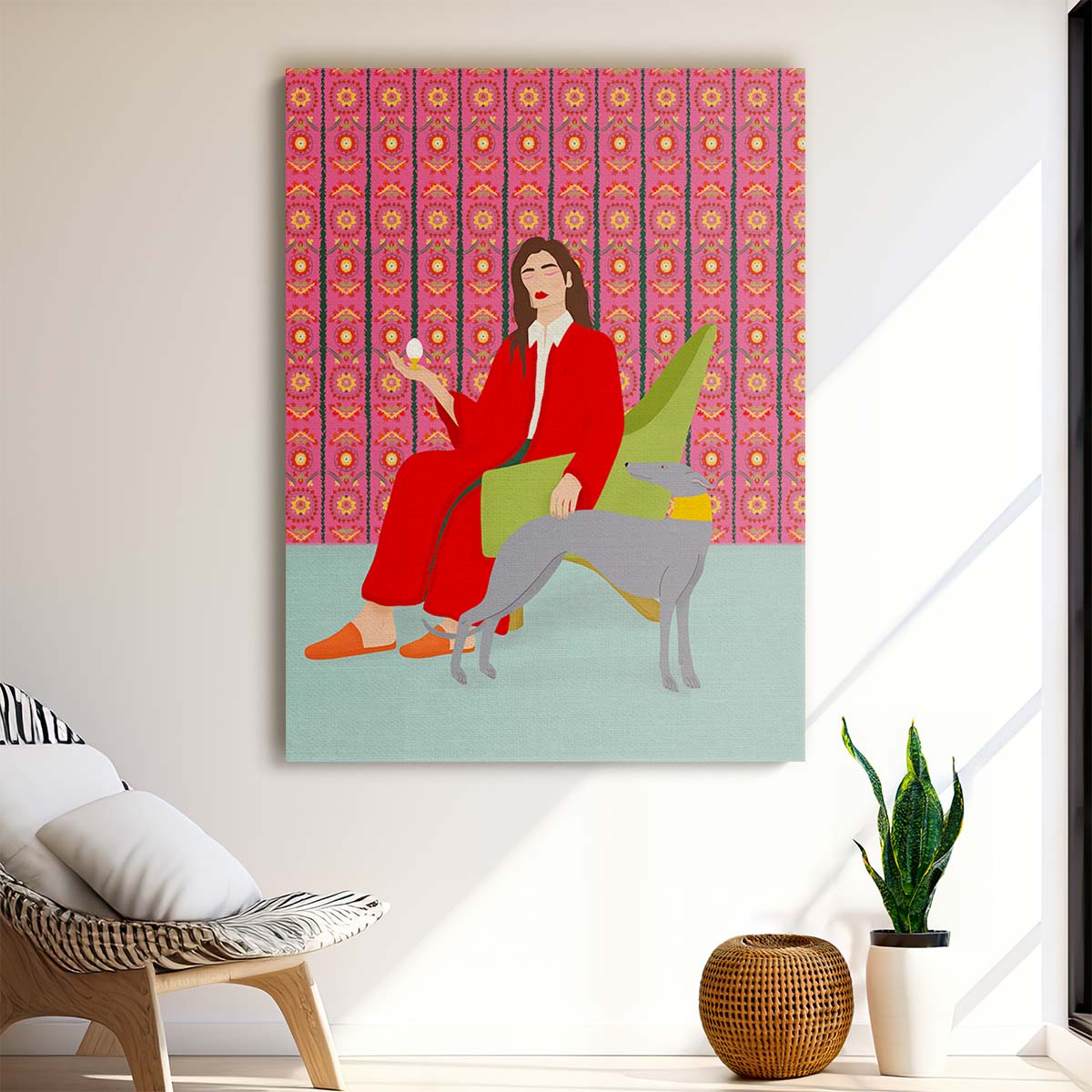 Elegant Greyhound Dog and Woman Dream Illustration Wall Art by Luxuriance Designs, made in USA