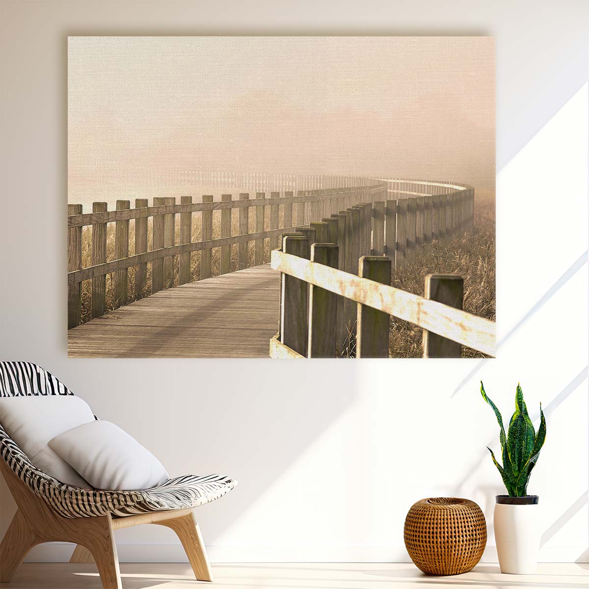 Misty Wooden Bridge Path, Jutland Denmark Wall Art by Luxuriance Designs. Made in USA.