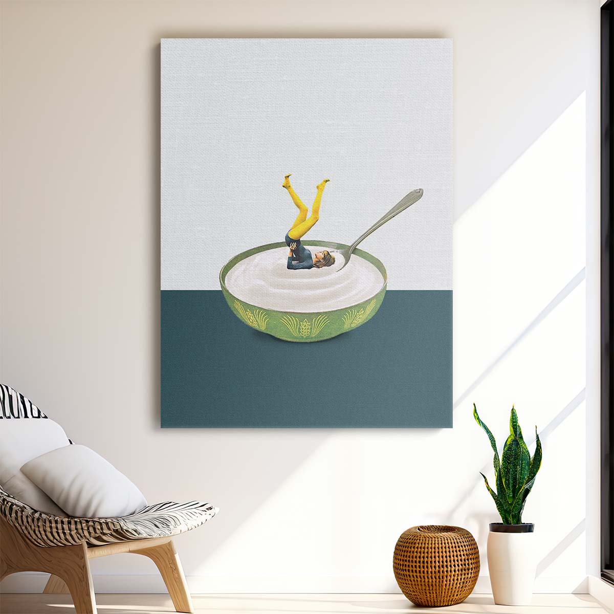 Surreal Yoga Woman Breakfast Illustration by Maarten Leon by Luxuriance Designs, made in USA