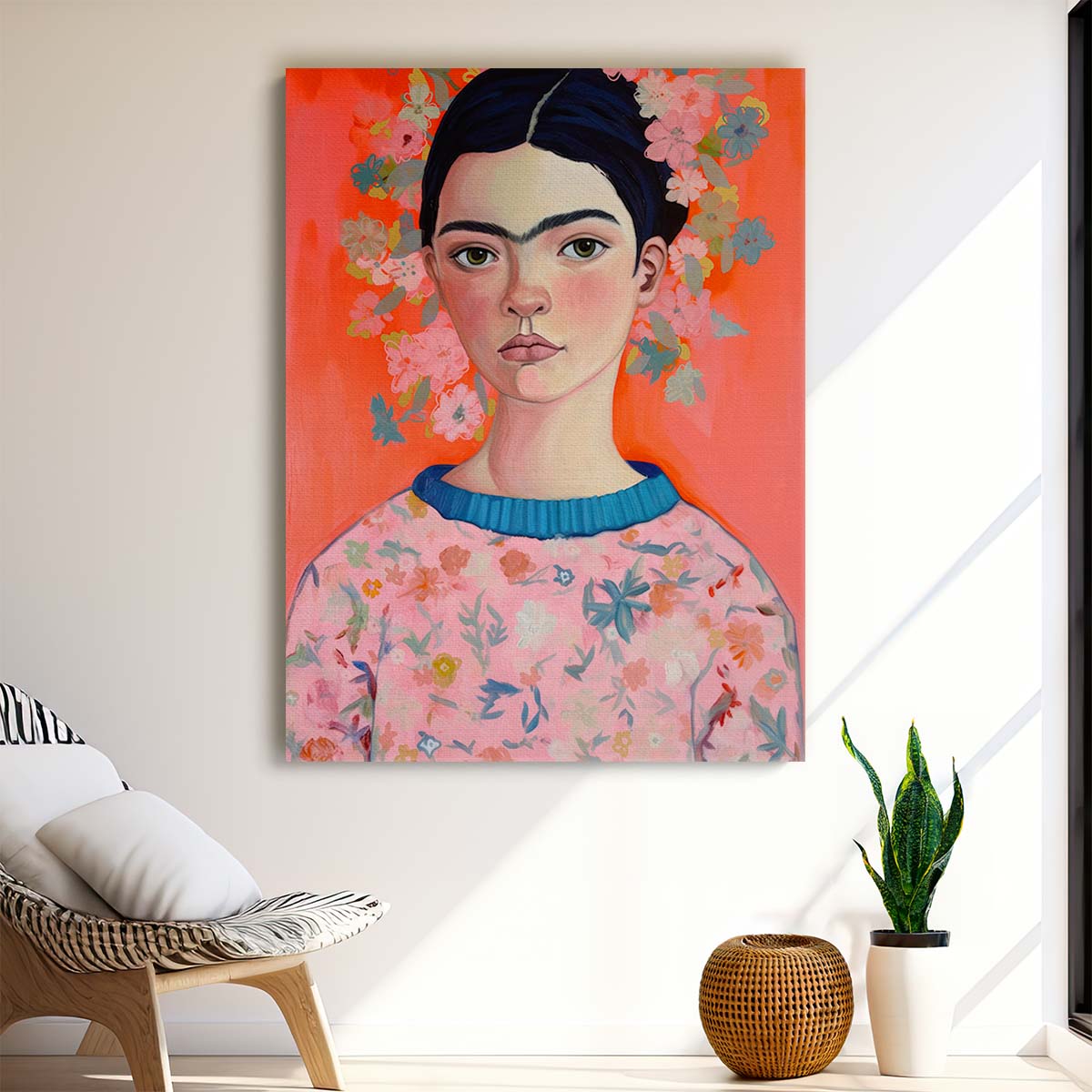 Colorful Young Frida Kahlo Illustration with Big Eyes & Flowers by Luxuriance Designs, made in USA