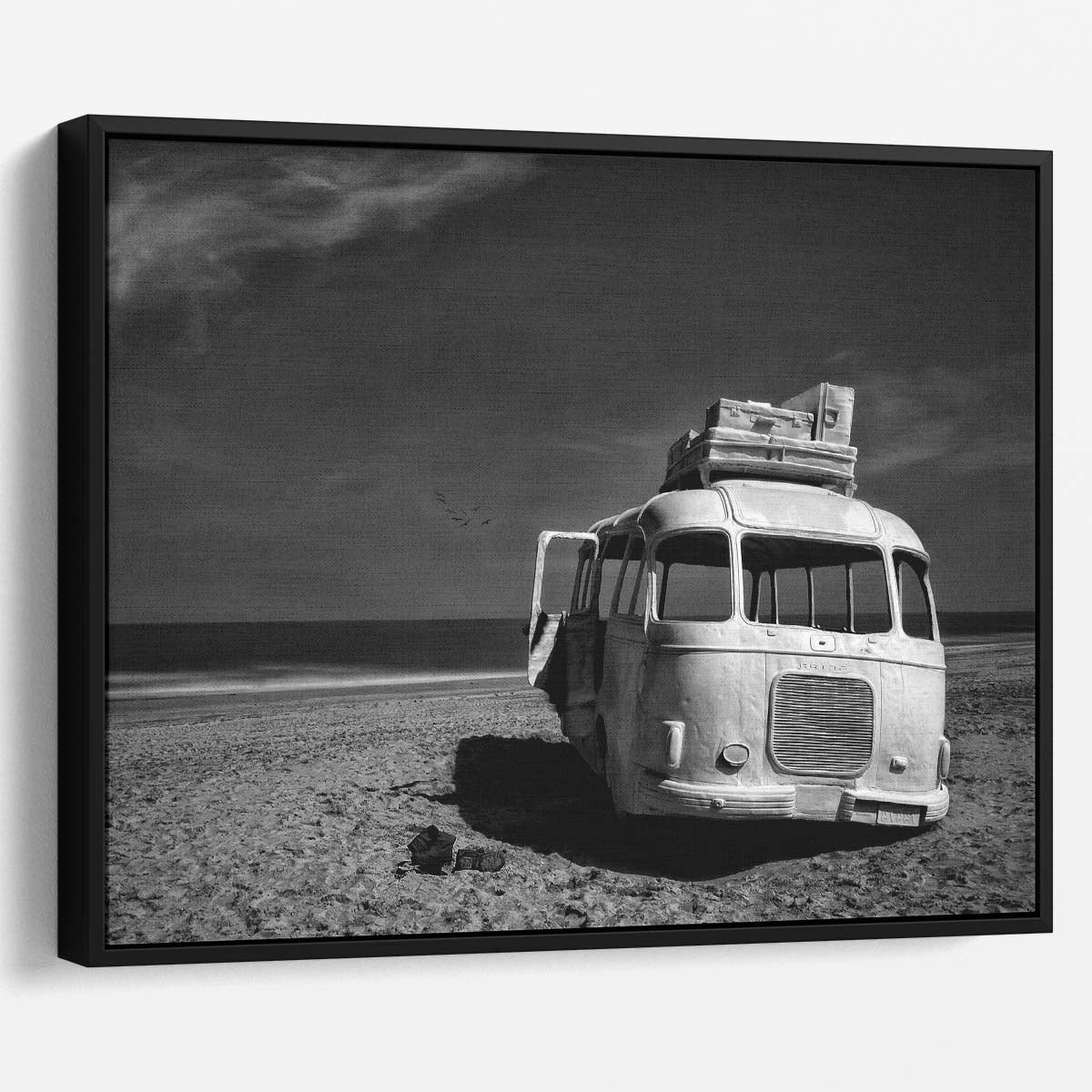 Stranded Bus on Belgian Beach BW Wall Art by Luxuriance Designs. Made in USA.