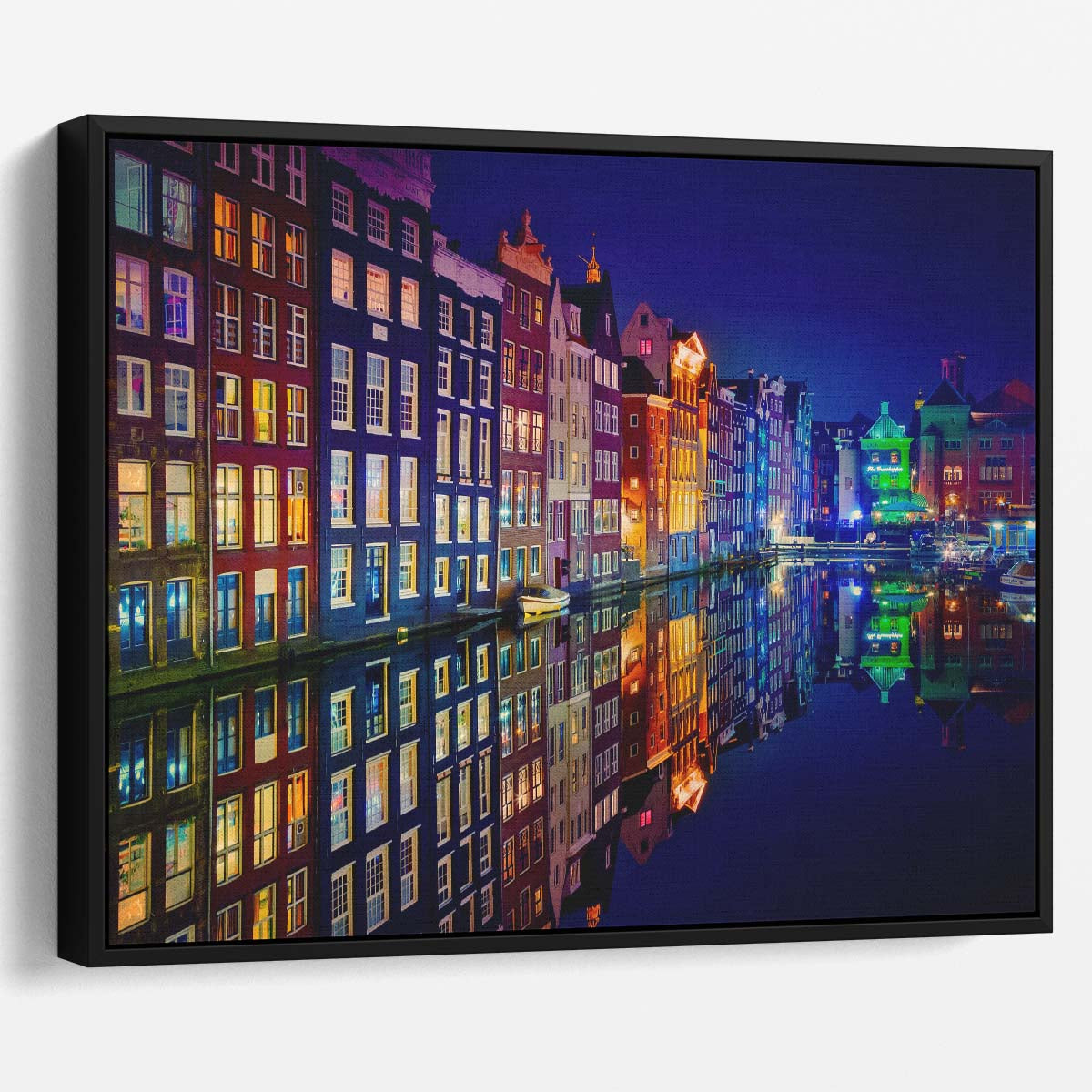 Amsterdam Canal Nightscape Colorful Urban Reflection Wall Art by Luxuriance Designs. Made in USA.