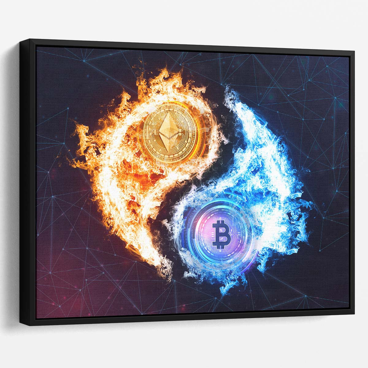 Bitcoin and Ethereum Yin-Yang Wall Art by Luxuriance Designs. Made in USA.