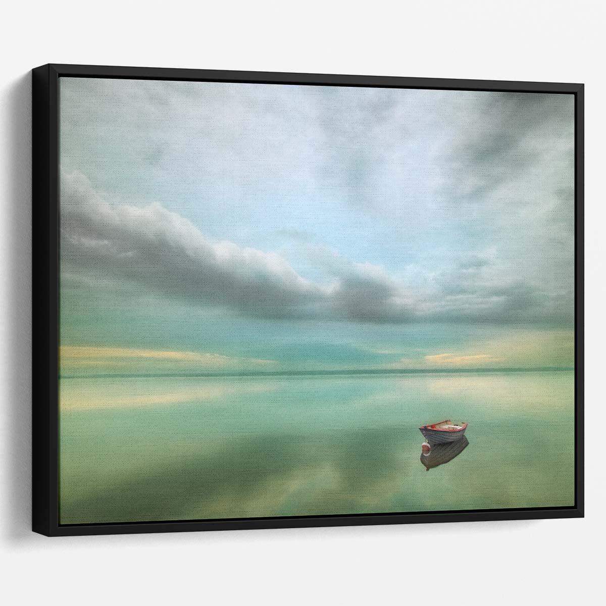Serene Lake Solitude Peaceful Boat Landscape Wall Art by Luxuriance Designs. Made in USA.