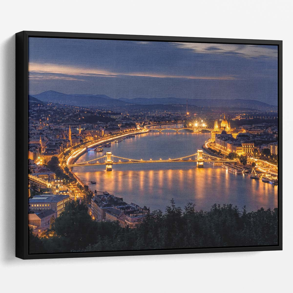 Budapest Sunset Skyline & Bridges Panoramic Wall Art by Luxuriance Designs. Made in USA.