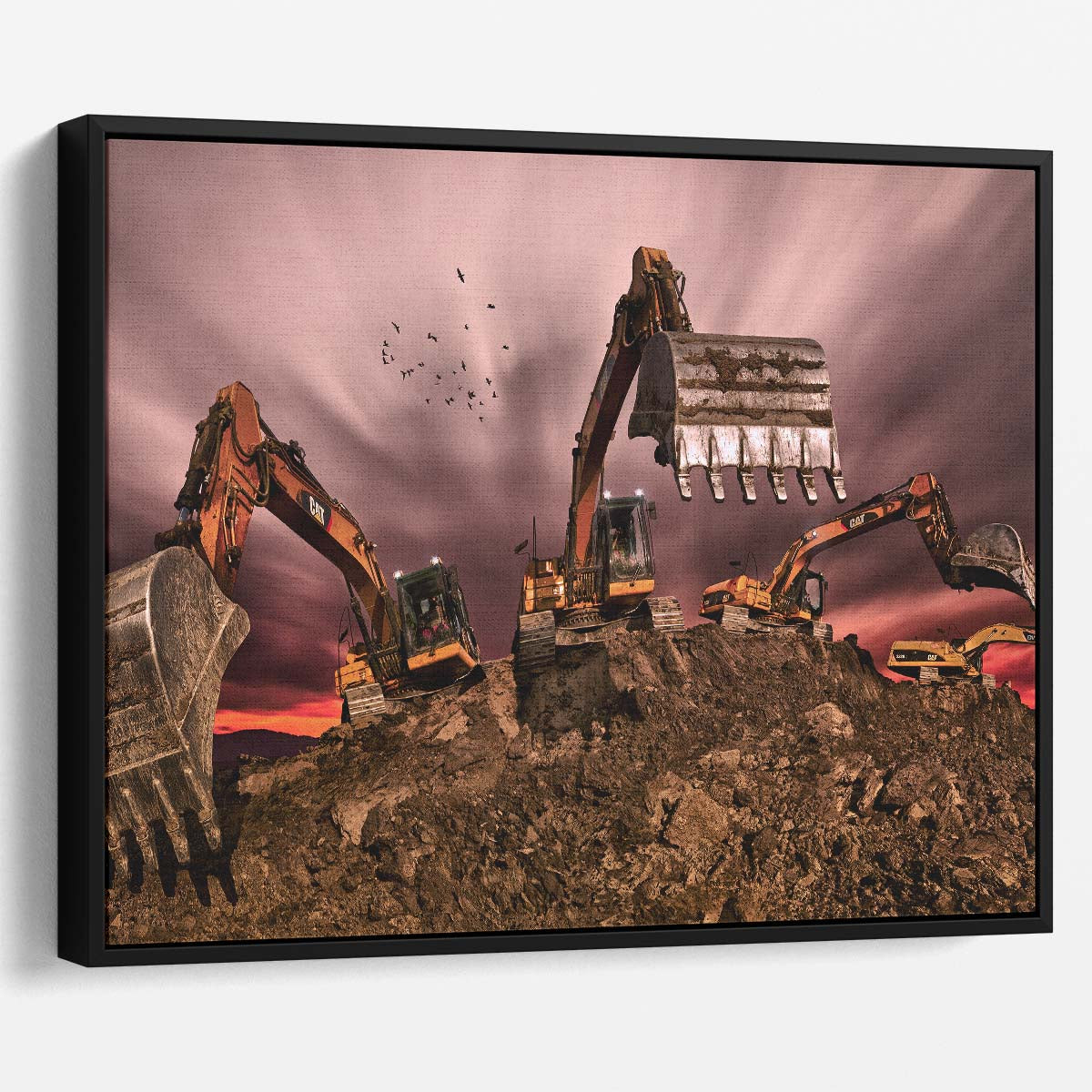 Dramatic Excavator Digging at Dusk Construction Wall Art by Luxuriance Designs. Made in USA.