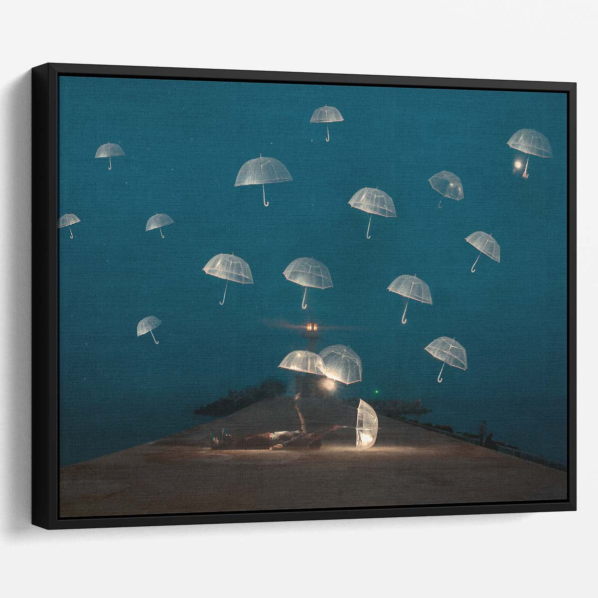Surreal Floating Umbrellas Dreamy Night Landscape Wall Art by Luxuriance Designs. Made in USA.