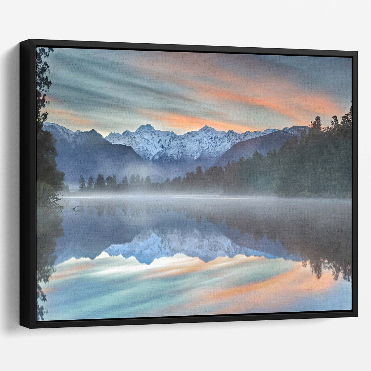 Serene Lake Matheson Reflection Sunrise Wall Art by Luxuriance Designs. Made in USA.