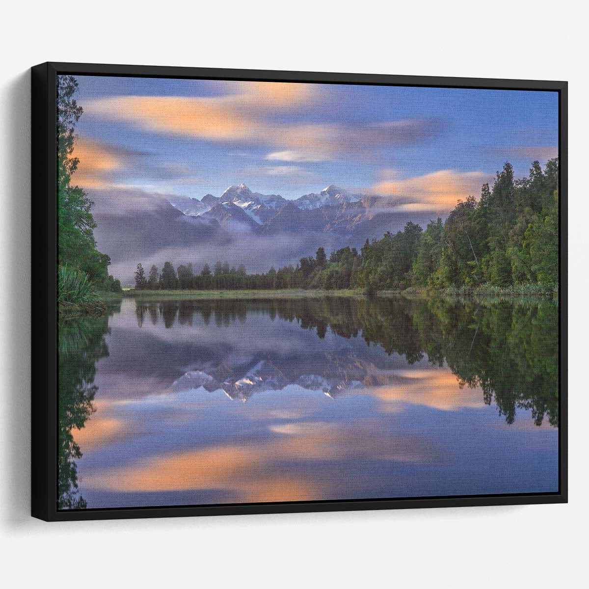 Sunrise at Lake Matheson Snowy Peaks Reflection Wall Art by Luxuriance Designs. Made in USA.