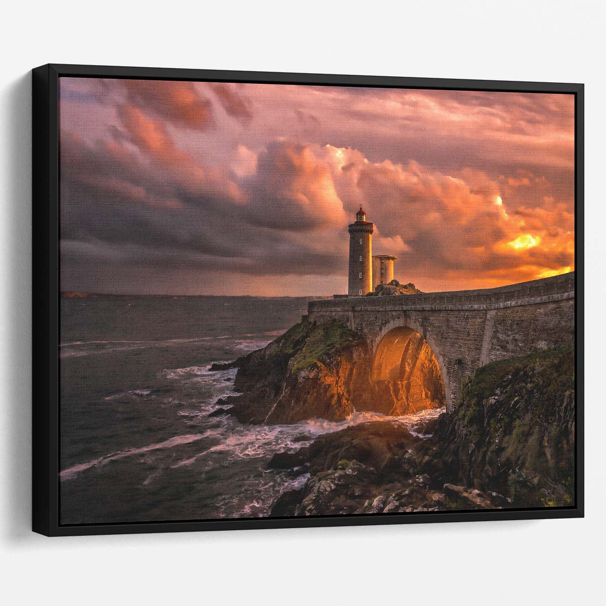 Golden Sunset Lighthouse Seascape Wall Art by Luxuriance Designs. Made in USA.
