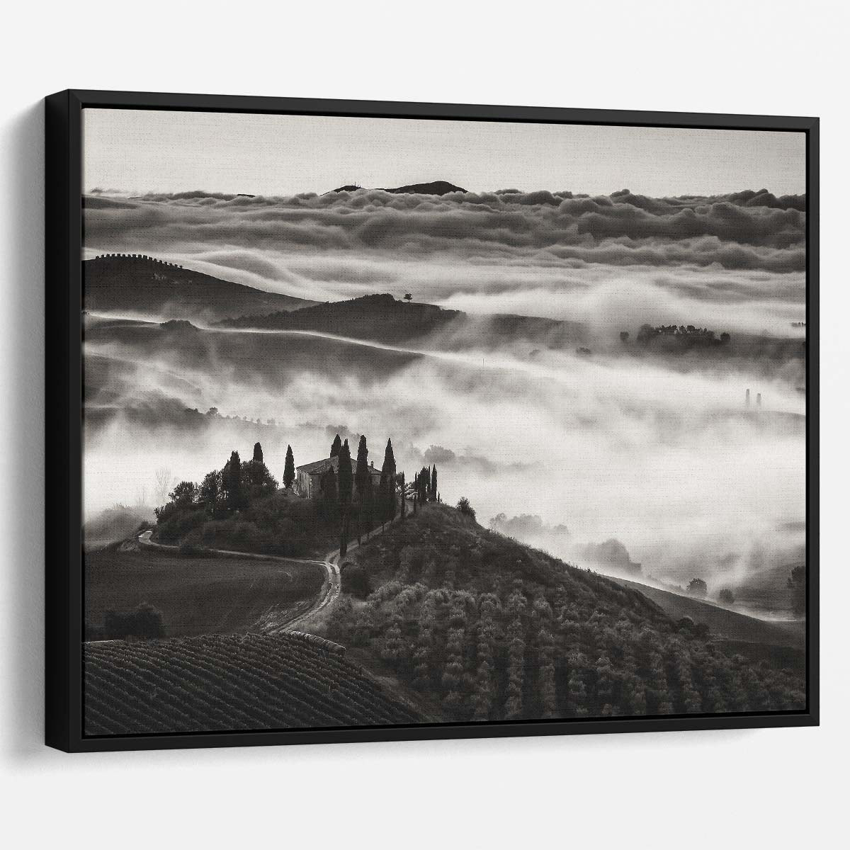 Dreamy Tuscany Morning Fog Landscape Wall Art by Luxuriance Designs. Made in USA.