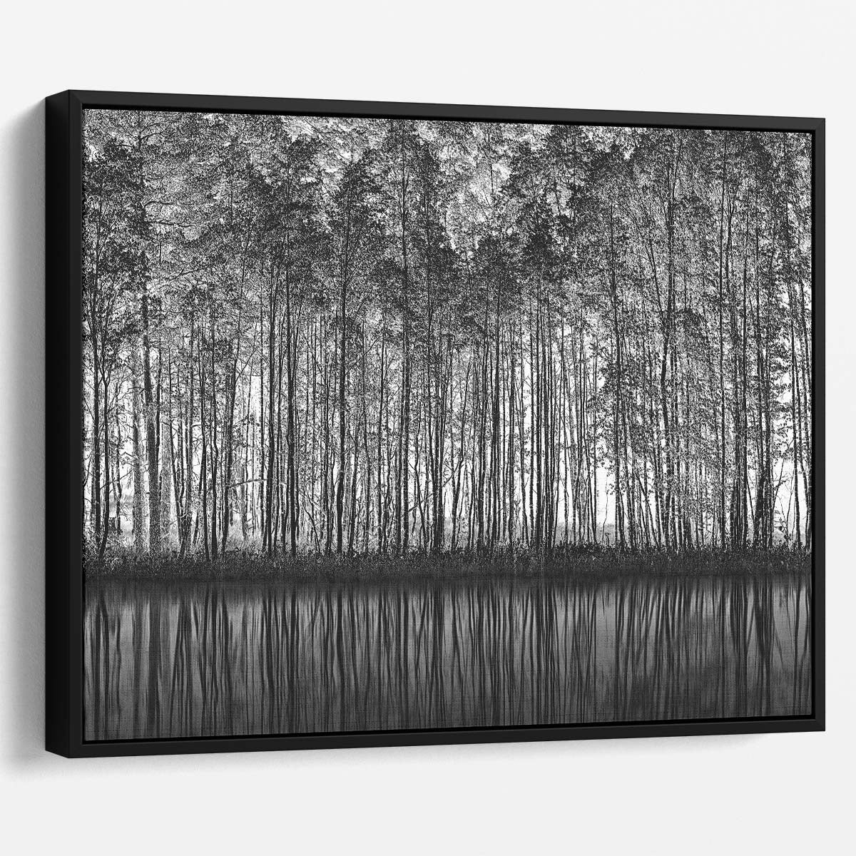 Serene Monochrome Forest Reflection Landscape Wall Art by Luxuriance Designs. Made in USA.