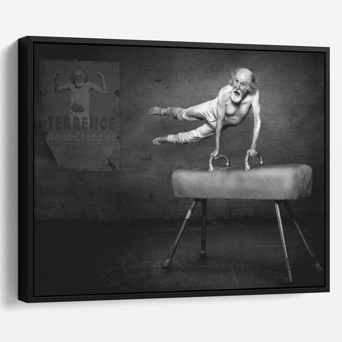 Speedy Senior Gymnast Humorous Monochrome Wall Art by Luxuriance Designs. Made in USA.